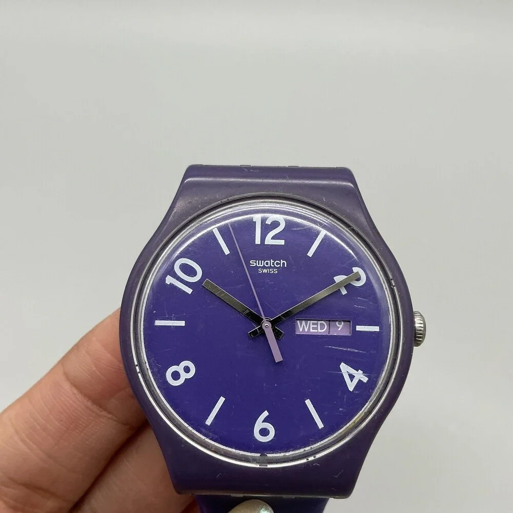 Swatch Backup Purple Mens Watch 41mm Purple Dial Day Date Swiss New Battery